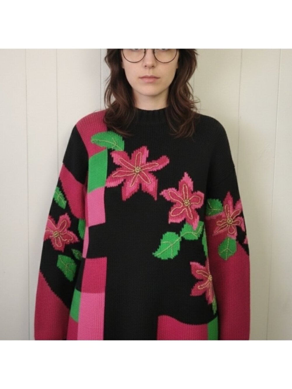 Vintage Oversized Pink Black Floral Knit Sweater High Neck Gold Beaded Size Med